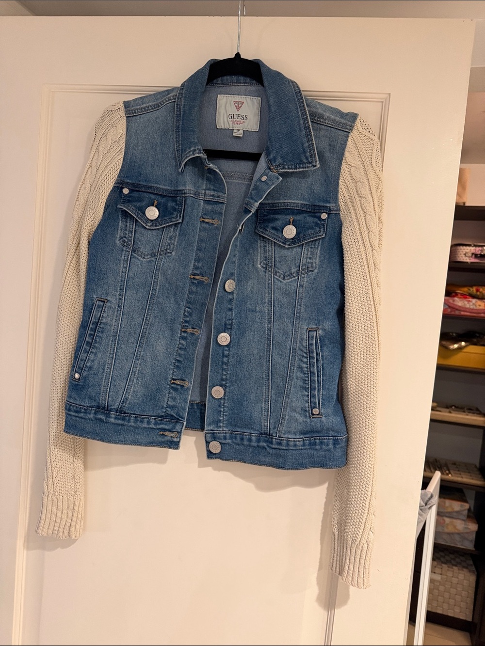 GUESS Light Blue Denim Jacket with Cream Knit Sleeves